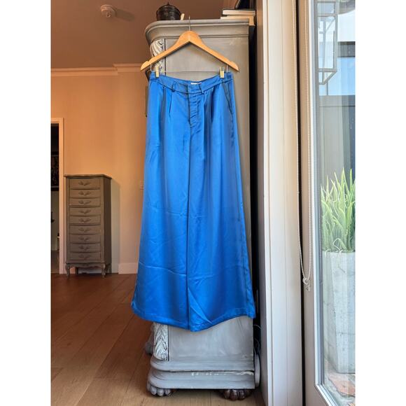 Anthropologie Du Paradis Pants Sz S Blue Satin High Waist Wide Leg Holiday NWT - Picture 1 of 9